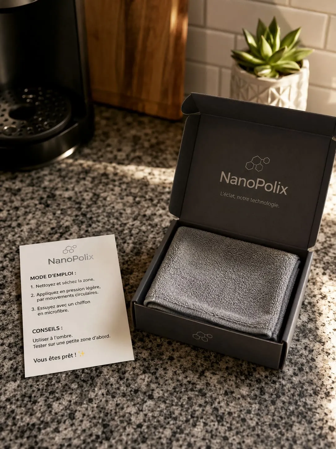 Le colis NanoPolix Volta Pulse sur le plan de travail
